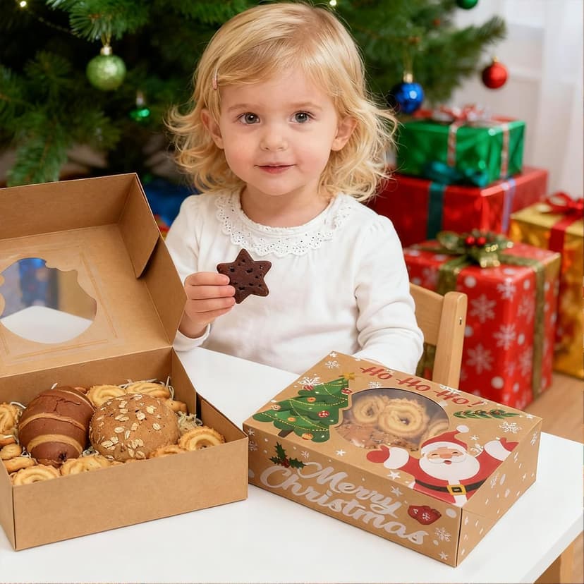 24 Pack Christmas Cookie Boxes - 8.25"x6"x2.75" Brown Kraft Bakery Box with Window for Holiday Treats, Gift Exchange Box for Baked Goods, Cookie Tins with Lids for Gift Giving