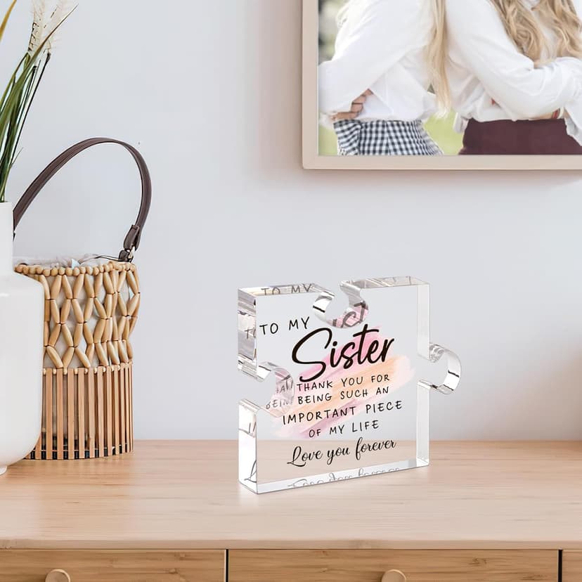 LukieJac Sister Gifts from Sister - Unique Sister Birthday Acrylic Puzzle-Shaped Plaque Desk Decorations Present for Sister Thanksgiving Christmas Wedding from Sister Brother