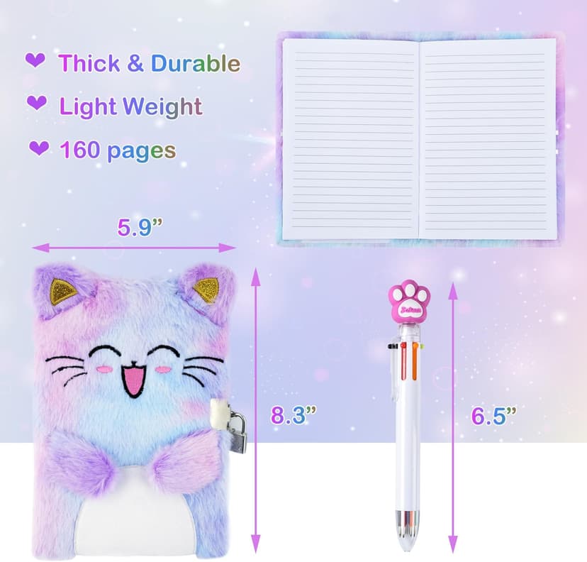 Cat Diary with Lock, Gift for 6 7 8 Year Old Girl, Secret Diary Journal Notebook with Coin Purse, Multicolored Pen, Post-it Note, Stickers, Practical Gift for Birthday (A Happy Cat)