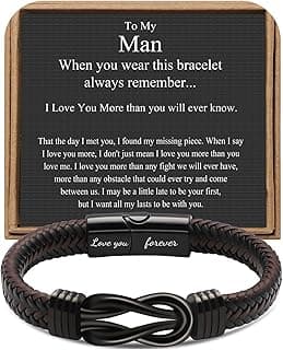 𝗞𝗻𝗼𝘁 𝗕𝗿𝗮𝗰𝗲𝗹𝗲𝘁 𝗚𝗶𝗳𝘁𝘀 𝗳𝗼𝗿 𝗠𝗲𝗻 Brown Braided Leather Stainless Steel Infinity Bracelets Lettering Love You Forever Gifts for Son Grandson Husband Boyfriend Brother Always Linked Together