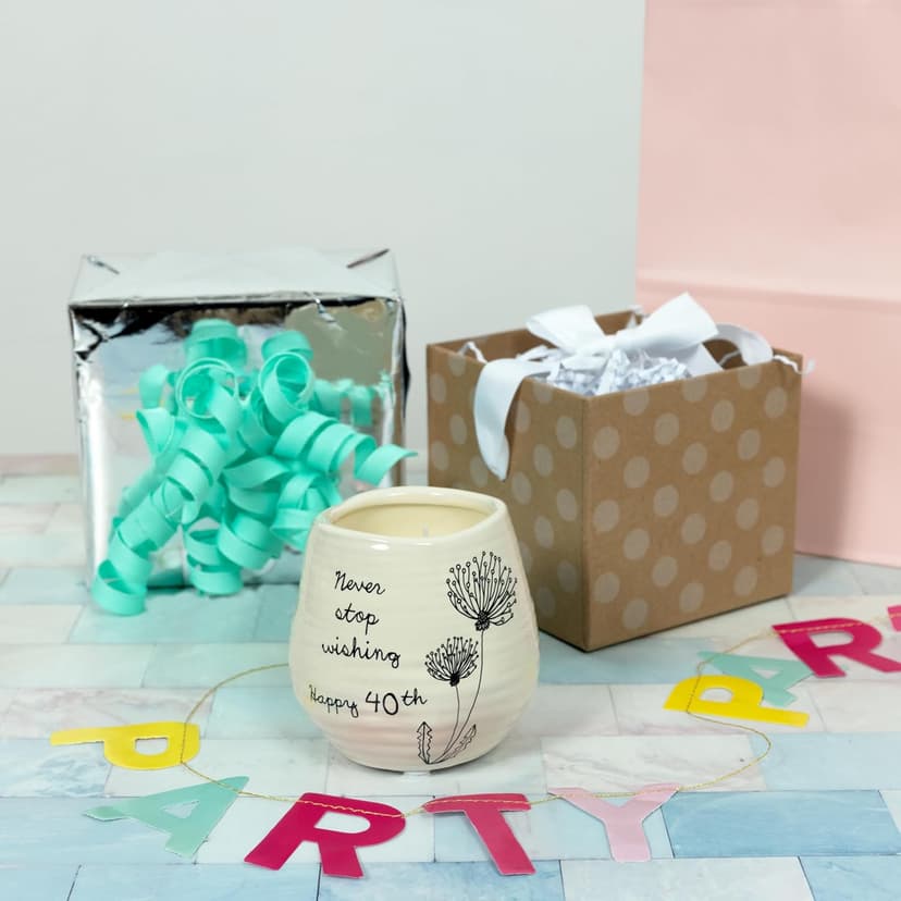 Pavilion Gift Company Never Stop Wishing Happy 40th Birthday - 8 oz Soy Wax Candle with Wick in A Yellow Ceramic Vessel 8 oz-100 Scent: Serenity, 3.5 Inch Tall