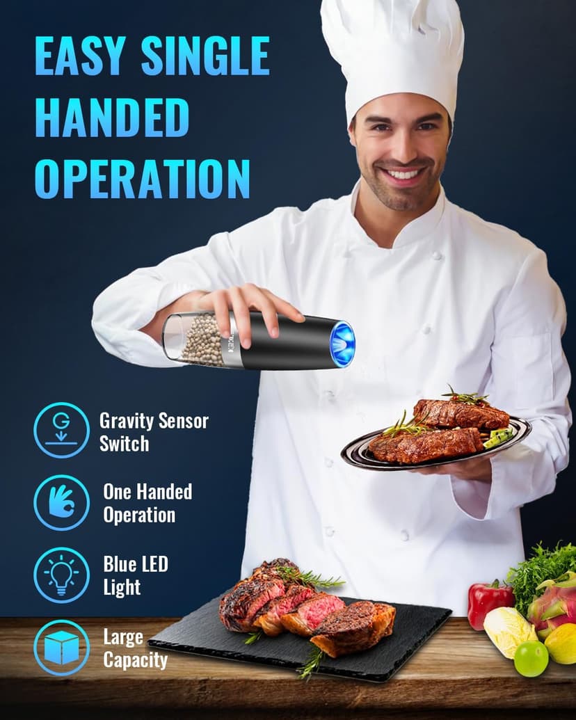 XinXu Gravity Electric Pepper and Salt Grinder Set, Adjustable Coarseness, Battery Powered with LED Light, One Hand Automatic Operation, 2 Pack/Black