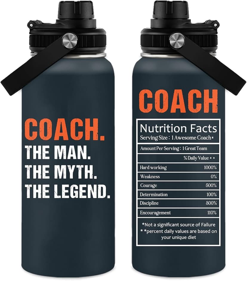 Coach Gifts - 32 Oz Coach Nutriton Facts Water Bottle, The Man The Myth The Legend - Christmas Birthday Cheer Coachs Gifts, Soccer Softball Basketball Swim Coachs Appreciation Gift for Him