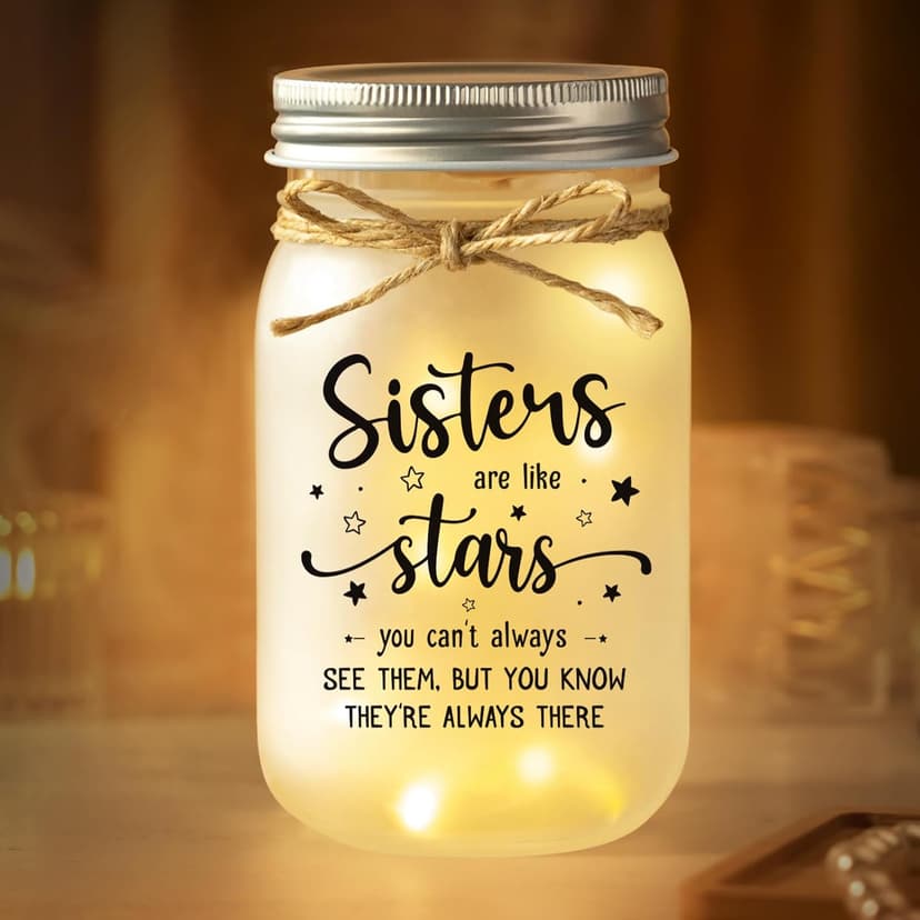 Mason Jar Night Light Gifts for Sister, Sister Birthday Gifts, Sisters Gift for Women, Soul Sister, Best Friend, Long Distance Night Light Gift for Mothers Day Christmas