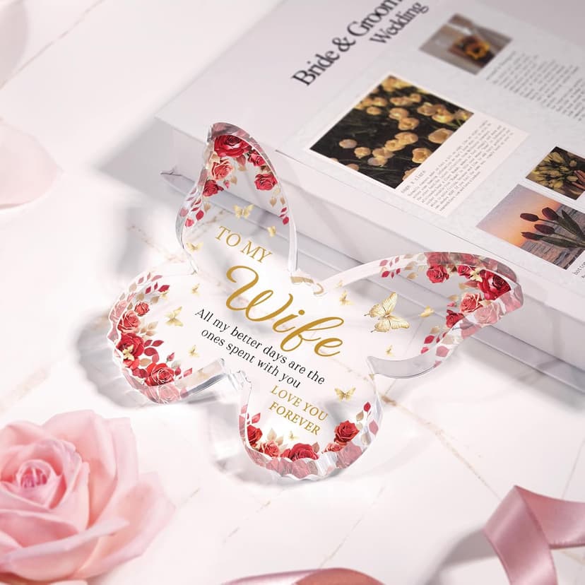 Romantic Wife Anniversary Birthday Gift Ideas, 5x3.8x0.5 Inch Butterfly Acrylic Plaque Decor, Mothers Day Valentines Christmas Wedding Present for Wife
