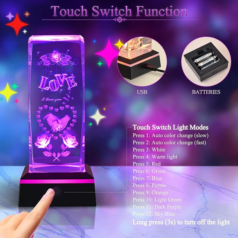 3D Love Crystal Night Light Gifts for Him Her Boyfriend Girlfriend Birthday Christmas, Romantic Love Crystal Lamp Wedding Anniversary Birthday Gift for Women Men Couples Wife Husband