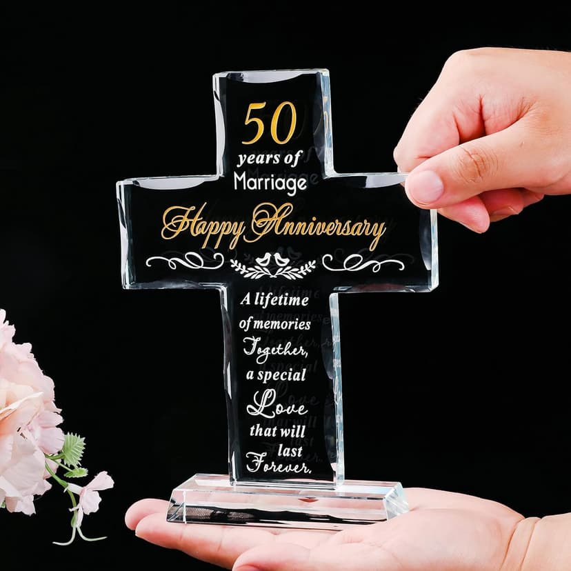 YWHL 50th Wedding Anniversary Religious Cross Gifts for Women Men, 50 Year Anniversary Romantic Gift for Him Her, Laser Engraved Glass Standing Cross Keepsake for Couple, 50 Years of Marriage Present