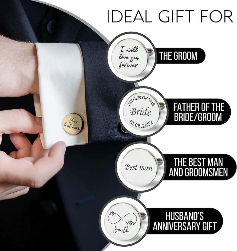 Custom engraved cufflinks for men, personalized wedding gift for groom, father of the bride & groom dad, best men, customized gold & silver cufflinks with dates, quotes or couples initials from bride