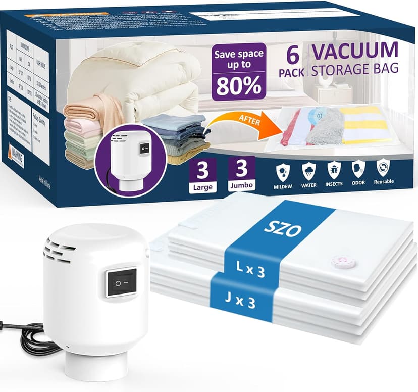 SZO 6 Pack Vacuum Storage Bags With Electric Air Pump,Vacuum Seal Bags For Clothing Travel, Space Saver Bags For Luggage, Blankets,Bedding,Moving bags