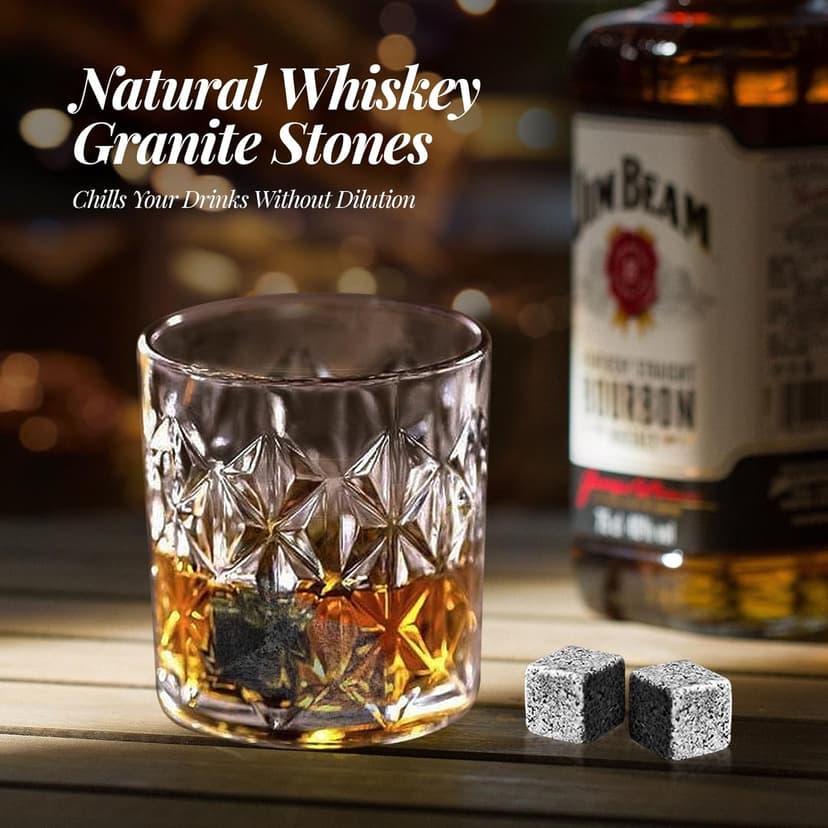 Whiskey Stones Gift Set - Bourbon Stones Gift for Men - 4 Granite Chilling Whiskey Rocks - Whiskey Glass and Stones Set - Drinking Gifts for Men Dad Husband Birthday Father's Day Groomsmen Gifts