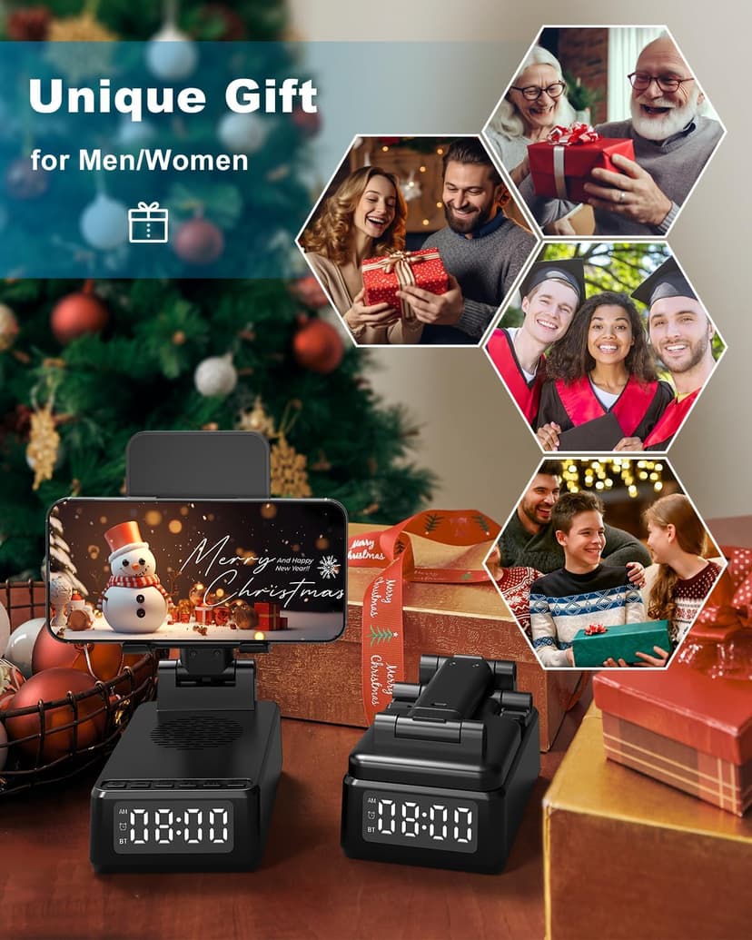Birthday Gifts for Men Women,6-in-1 Cell Phone Stand Holder with Wireless Bluetooth Speaker & Wireless Charger,Alarm Clock for iPhone,HD Surround Sound Portable Bluetooth Speaker Gifts for Him Her