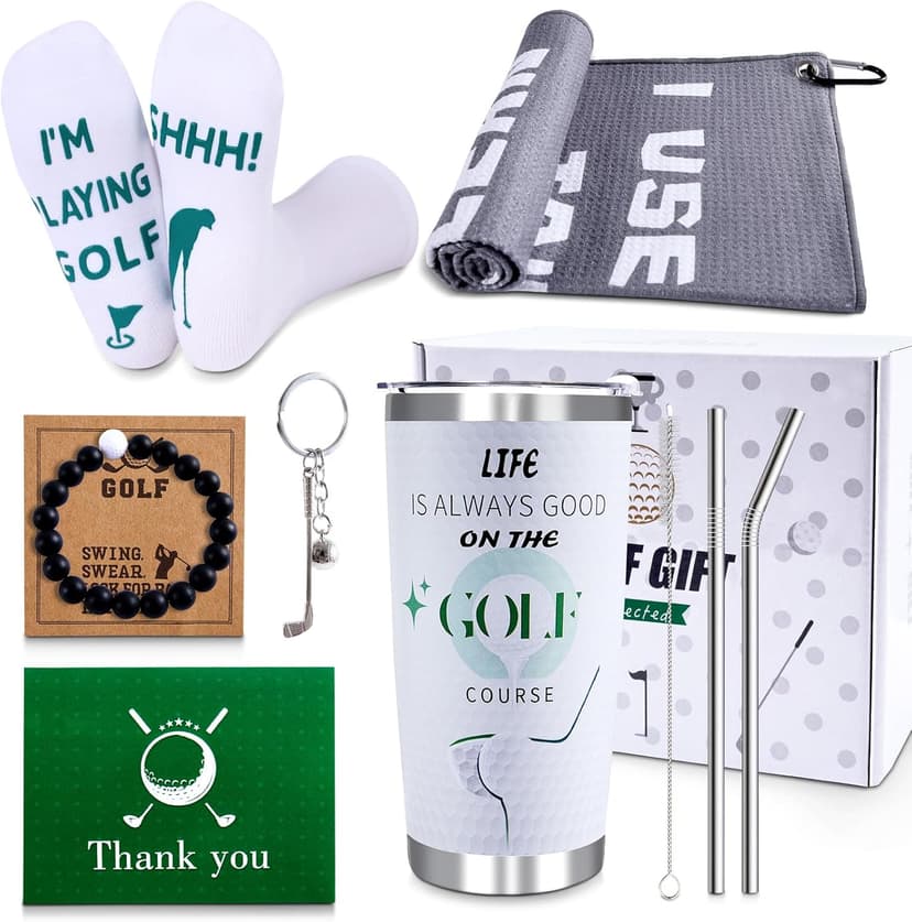 Golf Gifts for Men - 9PC Set: Tumbler, Towel, Socks, Key Chain, Bracelet, Thanks Card; Gift Box; Perfect for Golfer, Dad, Christmas