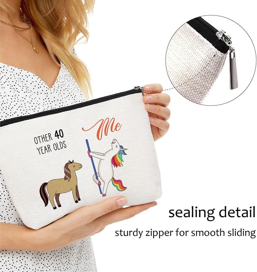 Blue Leaves 40th Birthday Gifts for Women - 1985 Birthday Gifts, 40 Years Old Makeup Bag, Waterproof, Linen, Beige, Zipper Closure, Fashion Pattern, Cosmetic Case