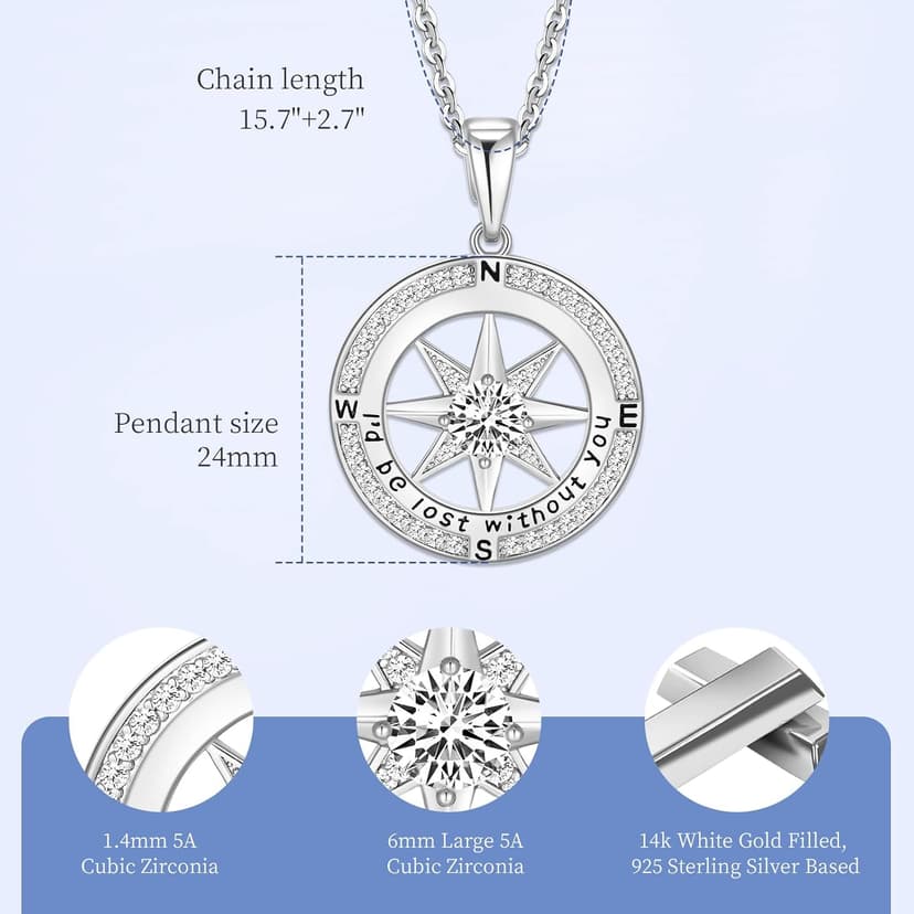Mkhhy Compass Necklace for Women Jewelry For Her White Gold and Yellow Gold I'd Be Lost Without You(18k Real Gold Filled With S925)