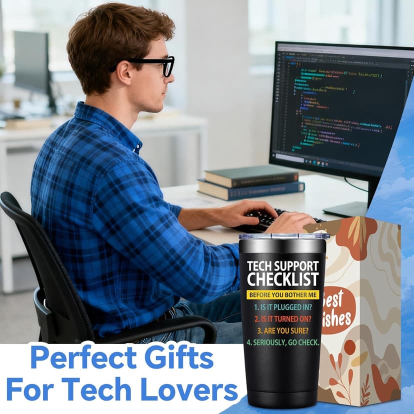 SpenMeta Tech Gifts for Men - Christmas, Birthday Gifts for IT Techies Guys, Geek, Computer Programmer - 20oz Tech Support Checklist Tumbler Cup