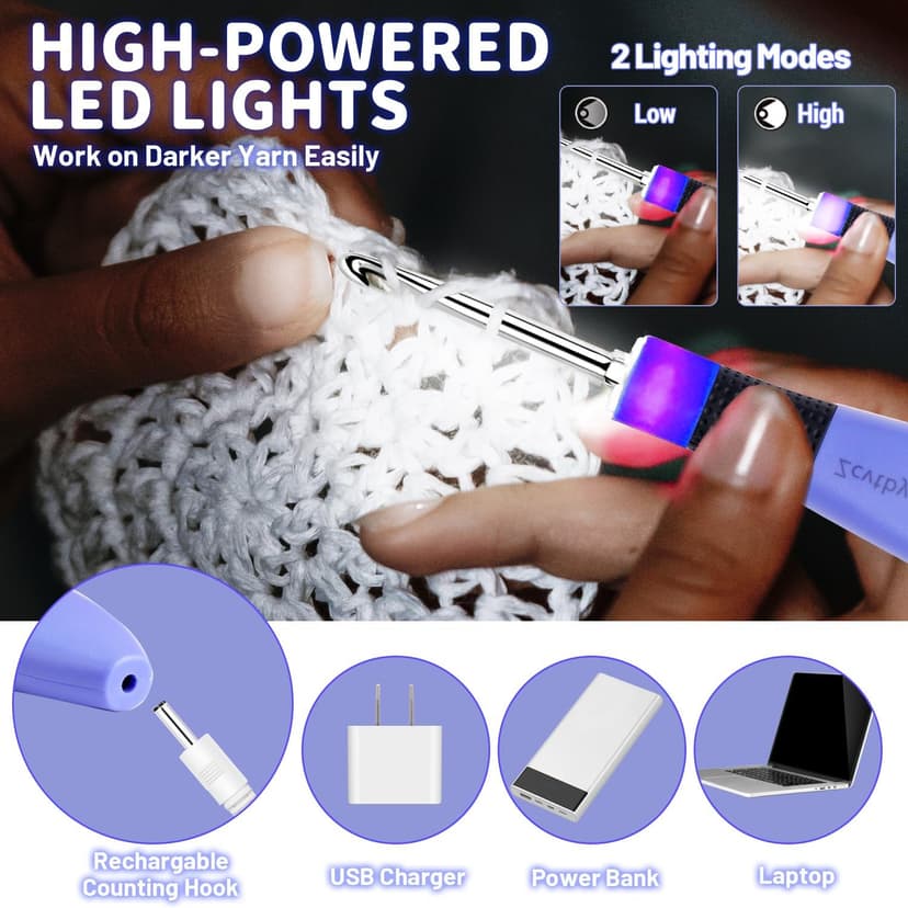 Light Up Crochet Hook Set Lighted Crochet Hook Set with 12 Different Size Interchangeable Crochet Needle, Ergonomic with 2 Levels Led and Digital Stitch Counter for Crocheting and Knitting