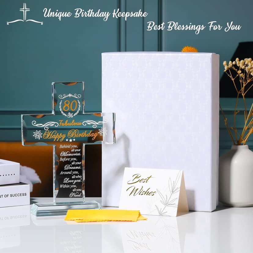 80th Birthday Religious Gifts for Women, Men, Friends, Grandma & Mom - Glass Stand Cross Engraved with 80 Year Old Birthday Blessing, Turning 80 Keepsake Home Decor