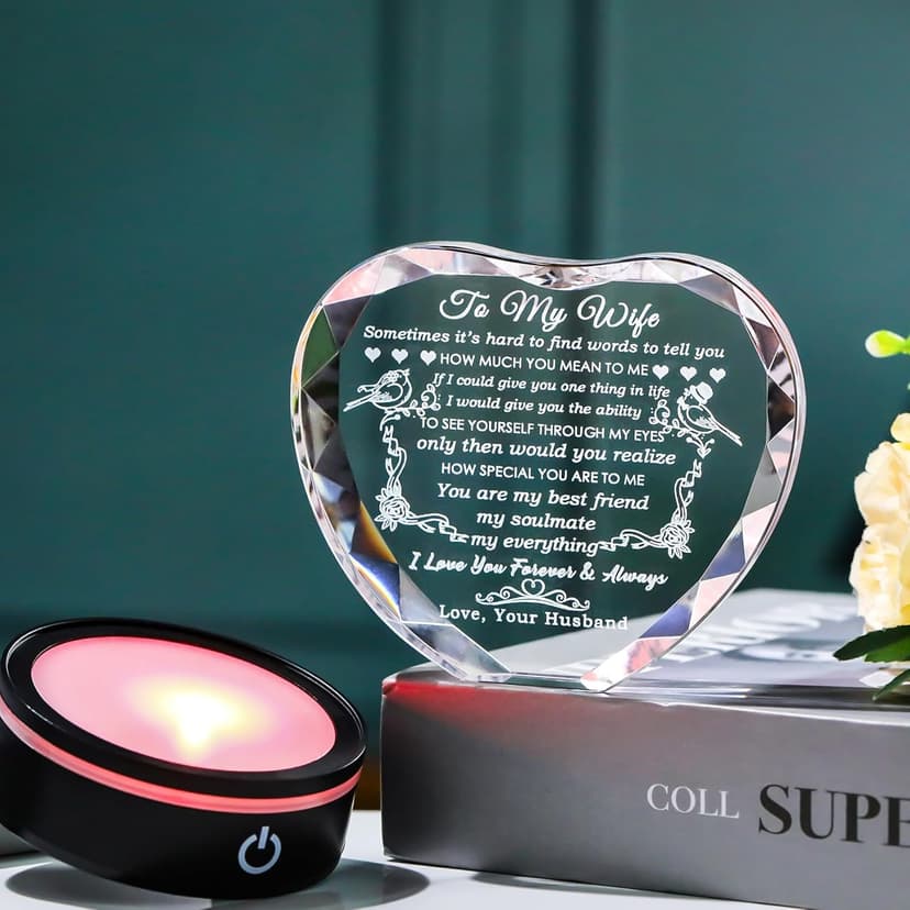 YWHL Gifts for Wife with Colorful LED Base Romantic Wedding Anniversary I Love You Gifts for Her Best Wife Birthday Gift Ideas to My Wife Crystal Keepsakes Presents from Husband
