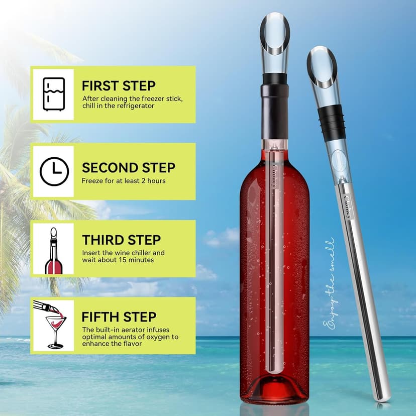Wine Chiller - Wine Cooler Stick, 3 in 1 Stainless Steel Wine Bottle Chiller with Aerator and Pourer, The Best Holiday Gifts.