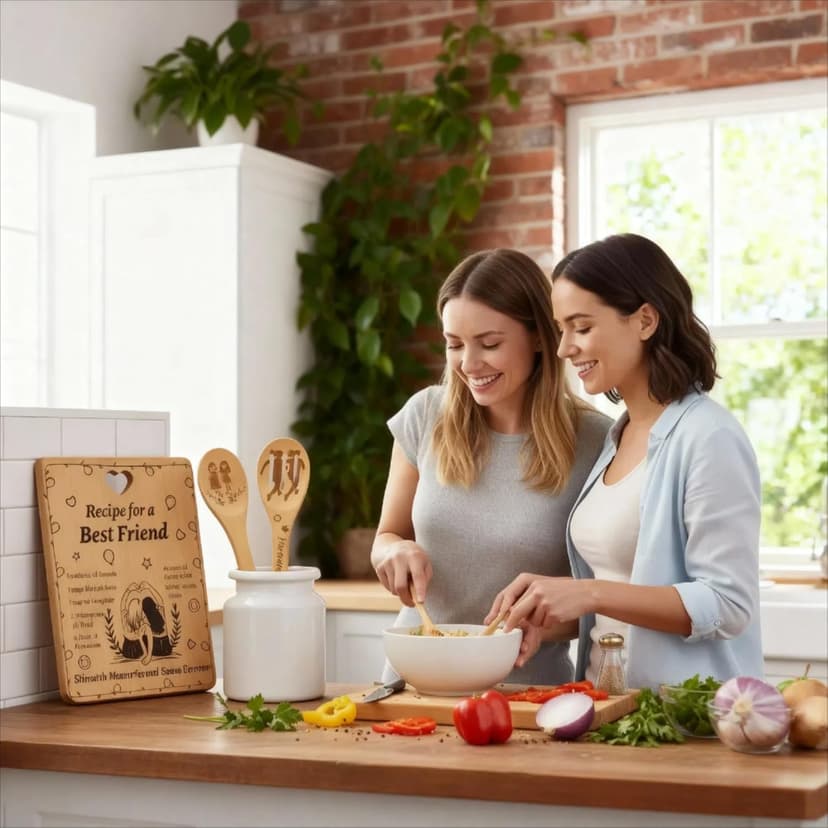 Recipe for a Best Friend Gift Set, Bamboo Cutting Board with Engraved Utensils, Unique Kitchen Gifts for Women, Bestie Gifts for Birthday, Christmas, Housewarming, Graduation, Long Distance Friendship