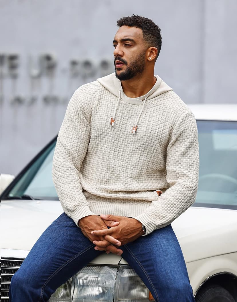 Zaitun Mens Hooded Sweatshirt Long Sleeve Solid Knitted Hoodie Pullover Sweater