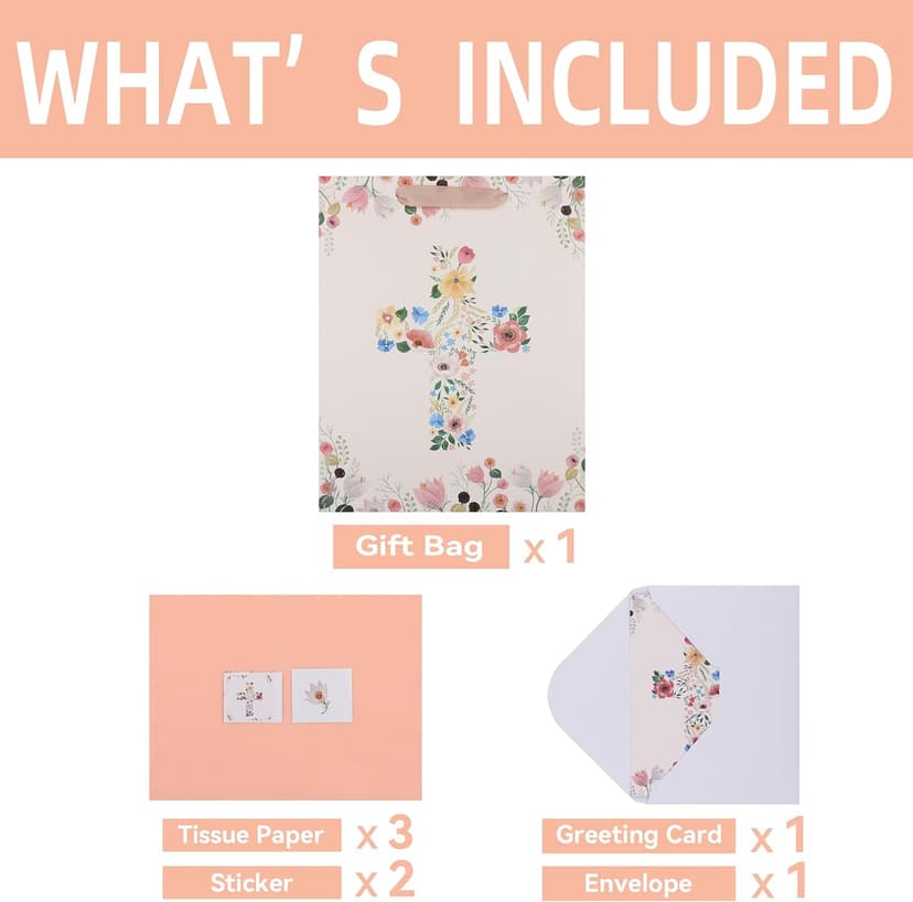 Qirrmiy 13" Large Light Yellow Floral Gift Bag Set with Greeting Card and Tissue Papers for First Communions, Baby Girl Baptisms, Christenings, Religious Occasions - 10.2'x5.2'x13', 1 Pcs.