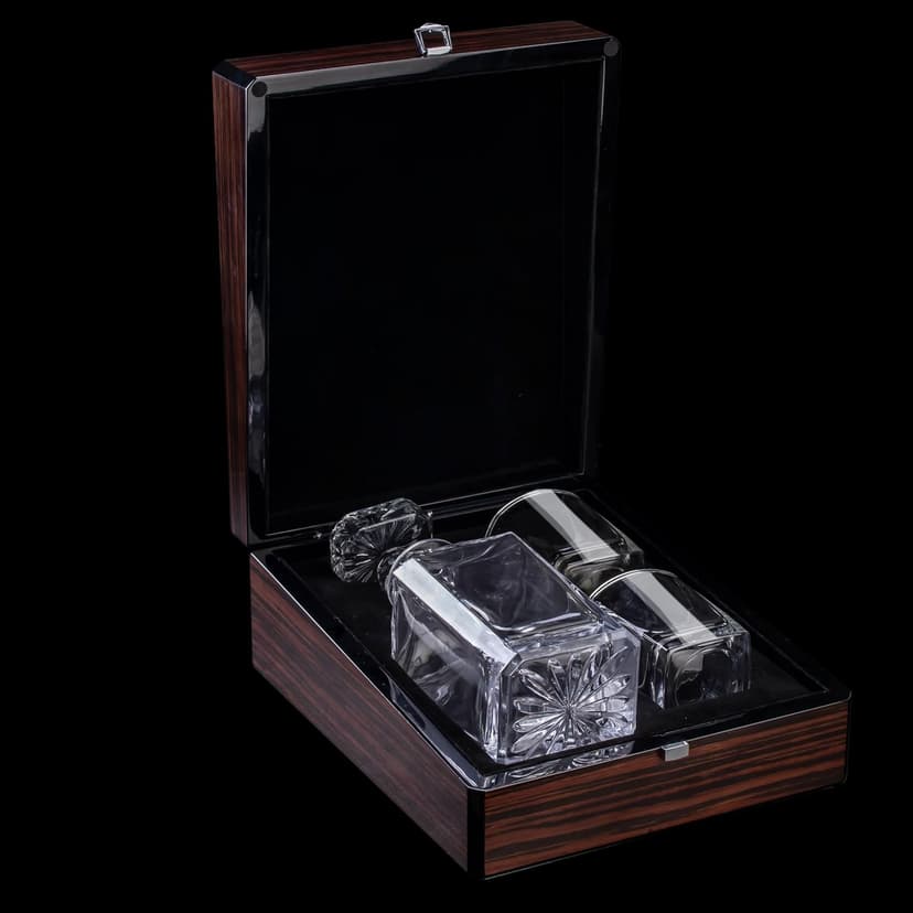 Premium Wood Gift Box w/Decanter Set - 2 Rock Glasses, Crystal Decanter, Bourbon, Whiskey, Gifts for Men, Dad, Father’s Day, Birthday, Weddings, Groomsman, Gift Ideas
