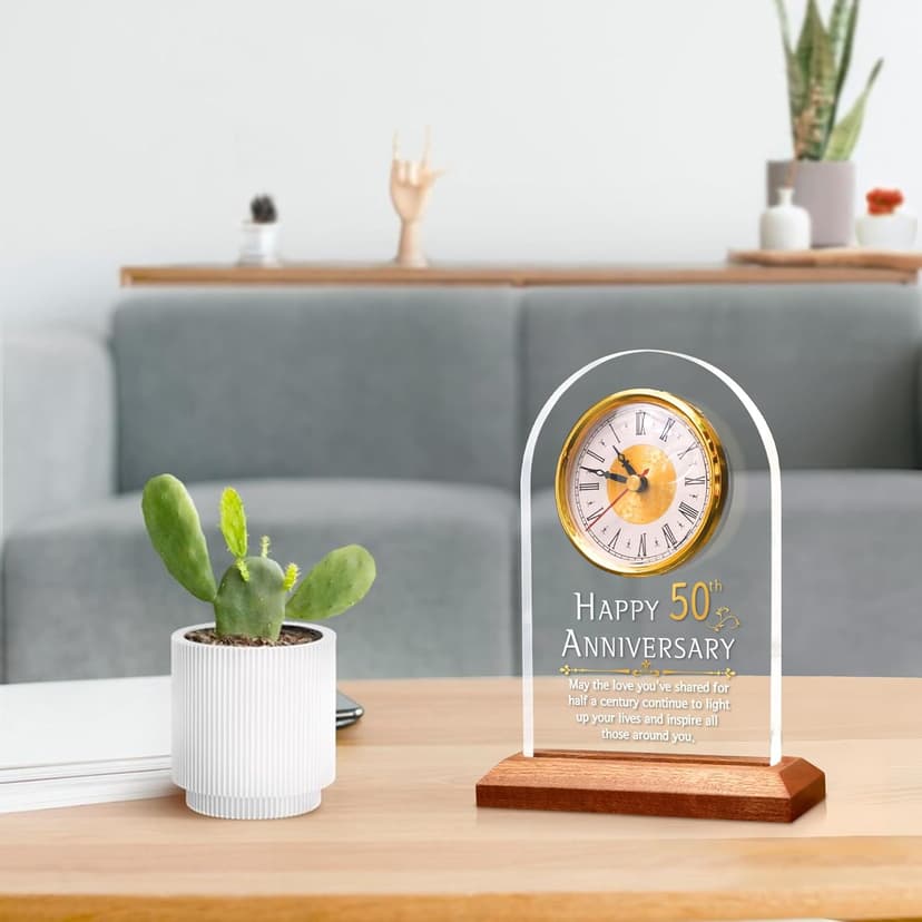 50th Anniversary Wedding Gift, Anniversary Quartz Clock, Desk Table Clock, 50 Years of Marriage, Golden Wedding for Couple, Parents, Grandparents (Wooden Base with LED Light)