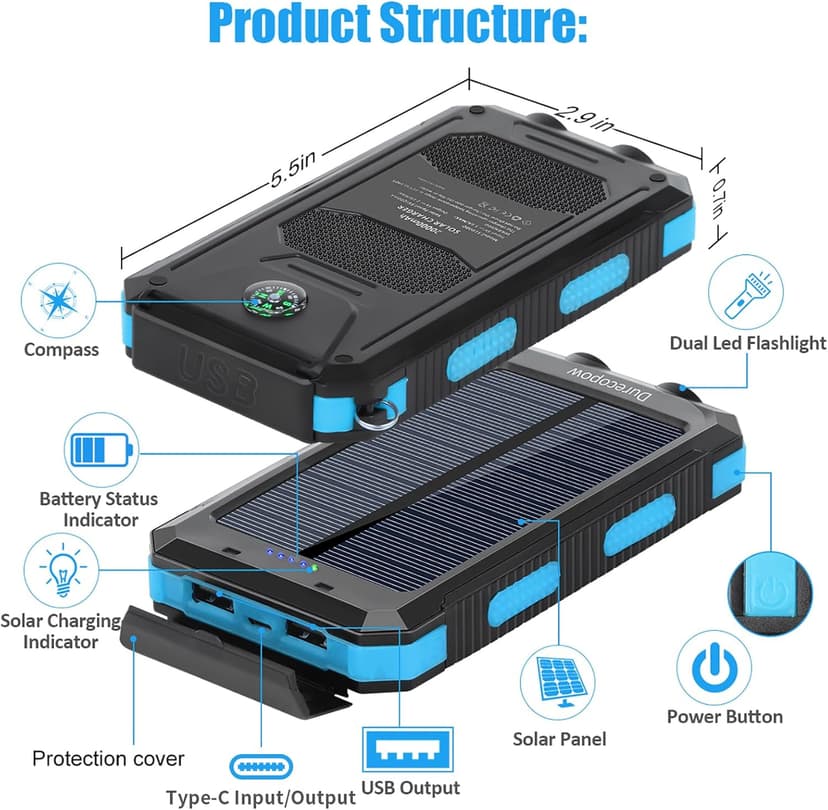 Solar Charger Power Bank, 20000mAh Portable Outdoor Waterproof Solar Battery Charger, Camping External Backup Battery Pack USB C Ports Input/Output, 2 Led Light Flashlight with Compass (Blue)