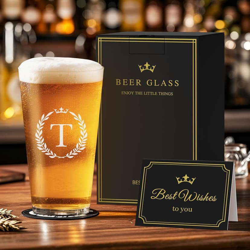 Personalized Beer Glasses Gifts for Men, 16 oz Pint Glasses Monogrammed A-Z Drinking Glass Cups Customized Gift, Unique Christmas Anniversary Birthday Gifts for Men Him Dad Brother Husband Grandpa (T)