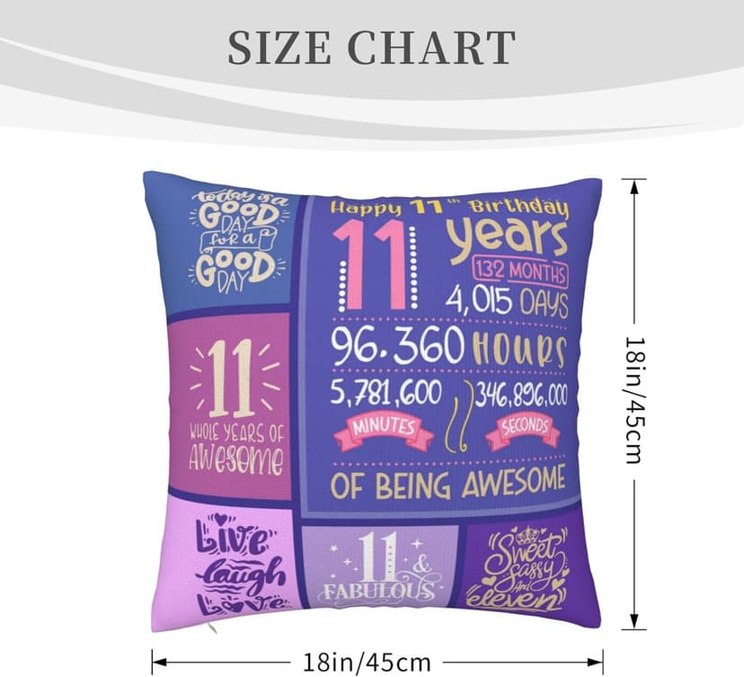 11 Year Old Girl Birthday Gifts - 11th Birthday Decorations - Throw Pillow Covers 18 x 18 inch