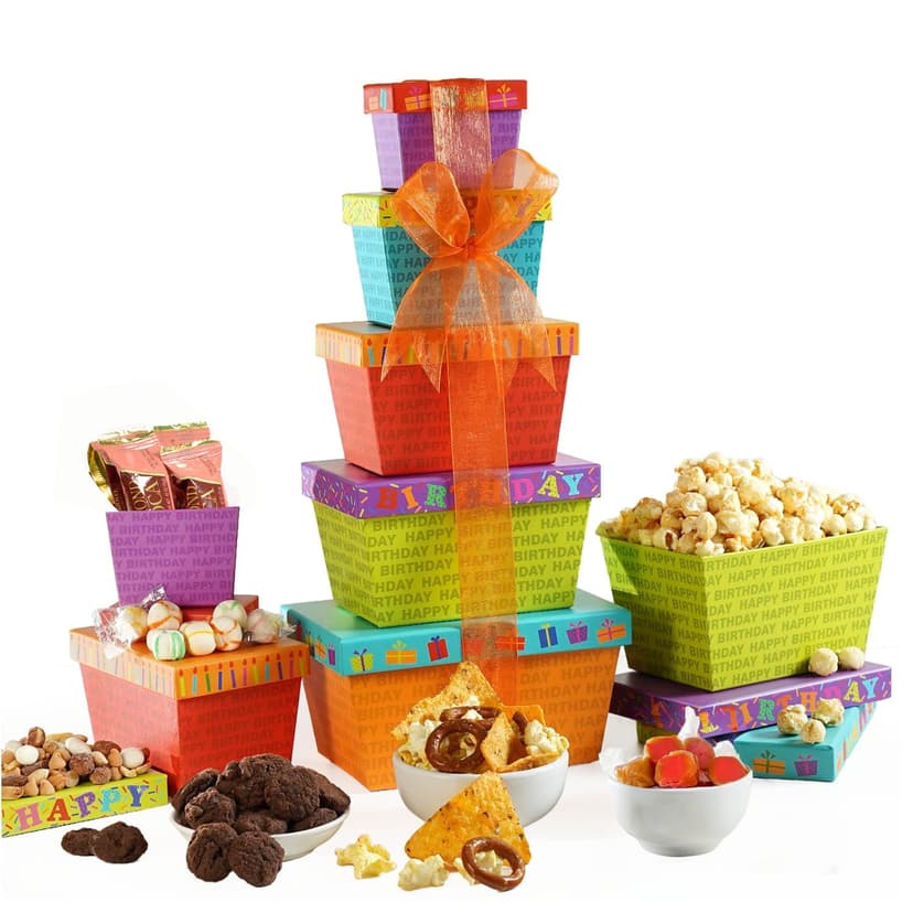 Broadway Basketeers Birthday Gift Basket Tower – Snack Boxes with Gourmet Cookies, Chocolates & Popcorn – Happy Birthday Gifts for Women, Mom, Sister, Friends & Coworkers