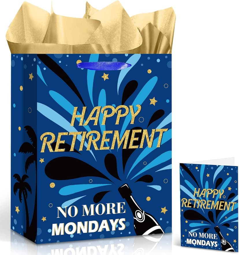 Yomaiha Blue Retirement Gift Bag with Tissue Paper and Greeting Card Retirement Wrapping Paper Bag for Men Women 2026 Retired Gift Wrapping Bag for Coworker Farewell Going Away Party Retired Supplies