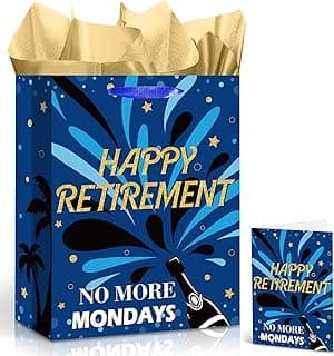 Yomaiha Blue Retirement Gift Bag with Tissue Paper and Greeting Card Retirement Wrapping Paper Bag for Men Women 2026 Retired Gift Wrapping Bag for Coworker Farewell Going Away Party Retired Supplies