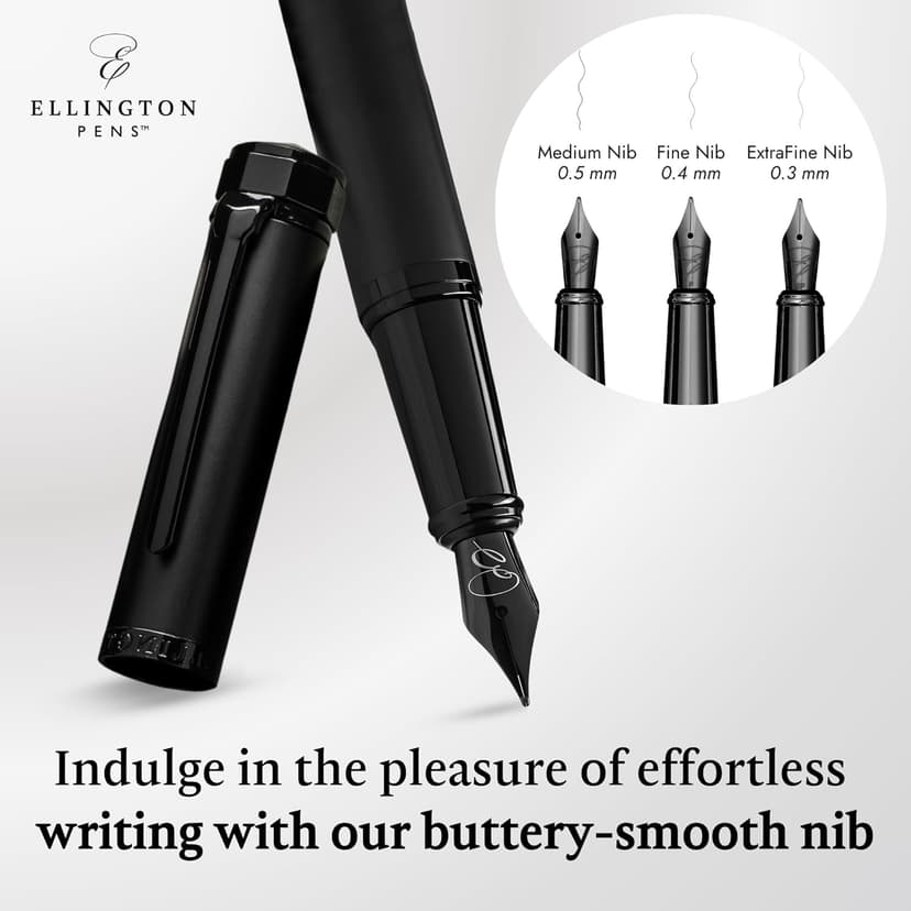 Ellington Pens Luxury Fountain Pen Set- Fountain Pens for Writing - Smooth Nib - Includes Refillable Ink Converter, 3 Ink Cartridges [Black & Blue] (Fine, The Stealth)