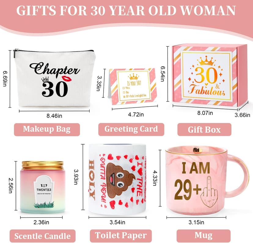 30th Birthday Gifts for Women 30 Year Old Birthday Gifts for Women Dirty Thirty Decoration for Her Gift Ideas for Woman 30s Funny Gift for 30 Year Old Woman - Coffee Mug Makeup Bag Candle Toilet Paper