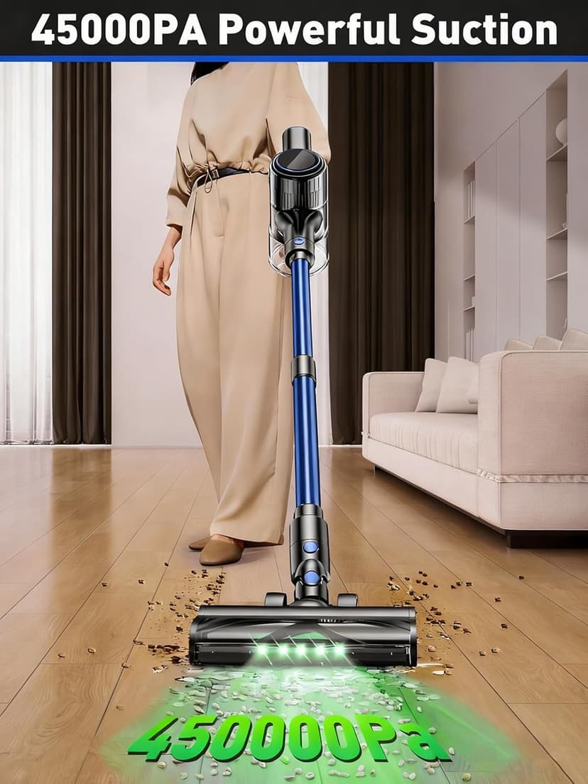 Cordless Vacuum Cleaner, 45KPA 8 in 1 Lightweight Vacuum Cleaners for Home, 50Mins Anti-Tangle Stick Vacuum, LED Display, Rechargeable Vacuum for Pet Hair/Carpet/Floor (Blue)