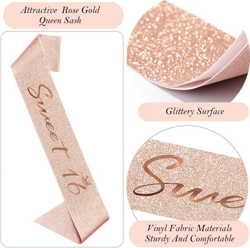 Sweet 16 Birthday Party Decorations for Girls, Sweet 16 Sash and Tiara, Cake Toppers, Number Candles and Balloons, 16th Birthday Gifts for Girls