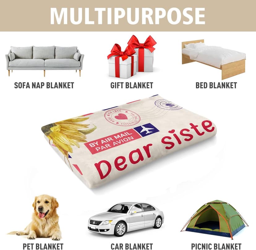 Niyewsor Sister Birthday Gifts, Sister Gifts Blanket, Sisters Gift from Sis, Present for Sisters on Mothers Day, Christmas, Dear Sis Airmail Throw Blanket, 60" * 50"