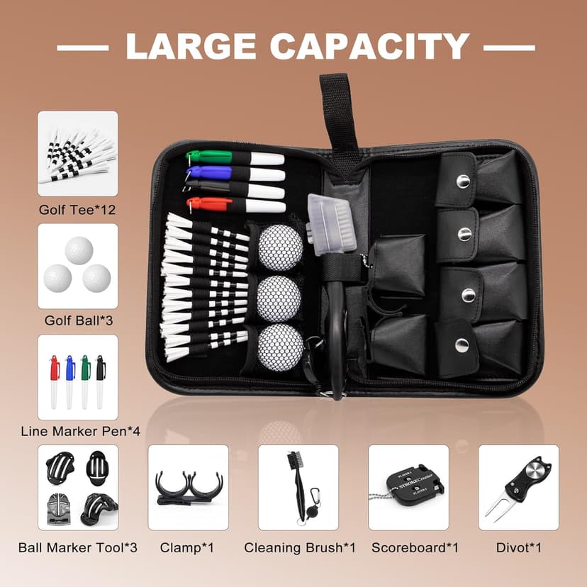 Golf Accessories for Men and Women, Golf Gifts for Him with Leather Case, Golf Brush, Golf Balls, Golf Tees, Golf Ball Clamp, Golf Divot, Golf Ball Line Marker Tool,Golf Ball Marking Stencils