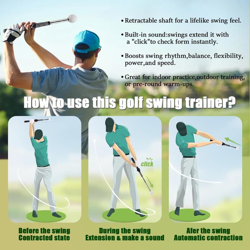 Retractable Golf Swing Training Aid, Golf Grip Trainer for Warm Up, Click Feedback Golf Swing Trainer for Improving Hitting Strength & Tempo, Ideal for Beginners, Indoor & Outdoor Practice