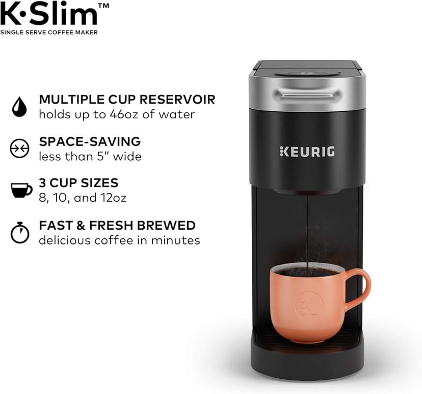 Keurig K-Slim Single Serve K-Cup Pod Coffee Maker, Multistream Technology, 3 Brew Sizes, Slim and Sleek Design, 46oz Removable Reservoir, Black