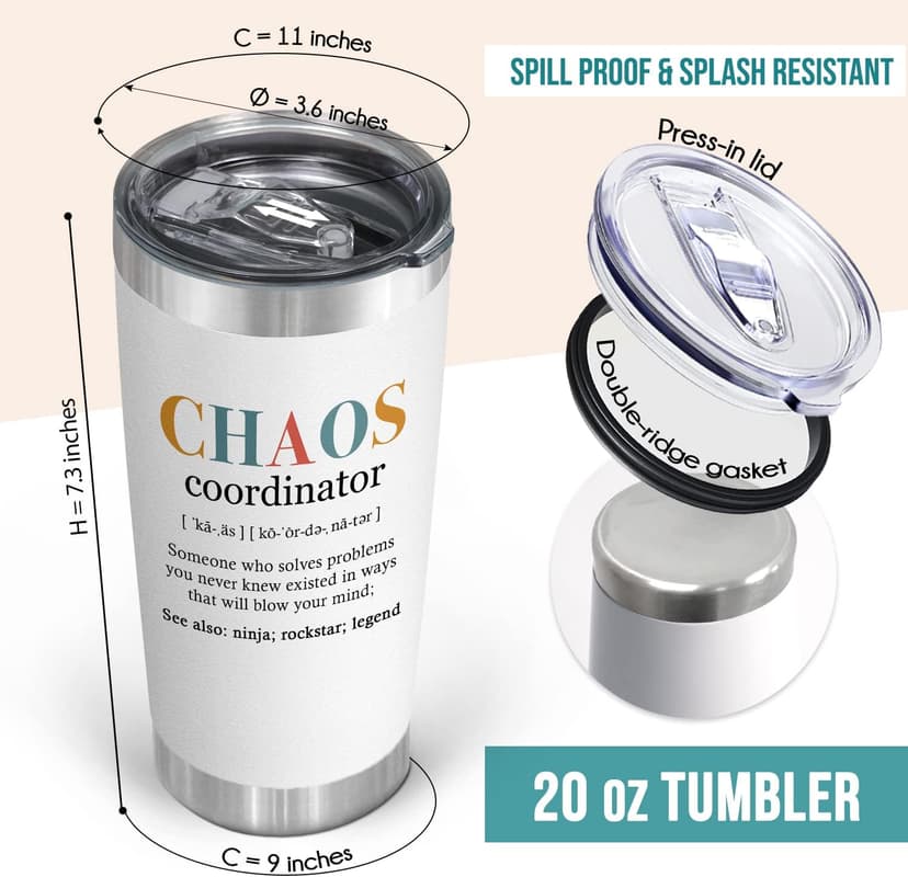 TEEZWONDER Thank You Gifts for Women - Chaos Coordinator 20 oz Stainless Steel Insulated Tumbler with Lid - Employee Appreciation Christmas Birthday Gifts for Women Coworkers Boss Teacher Nurse Friend