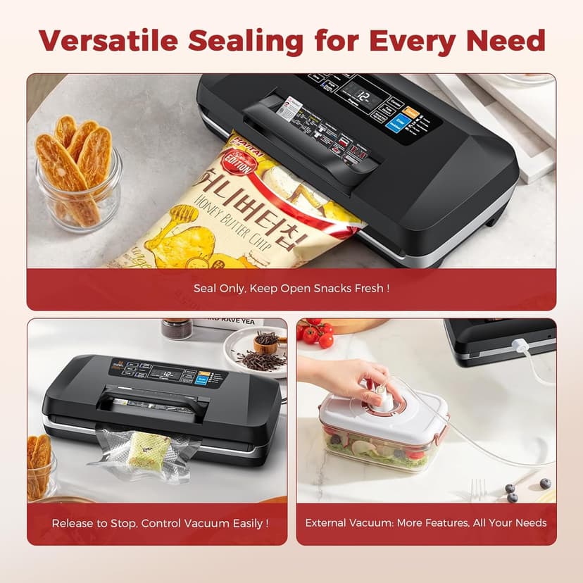 95kpa Vacuum Sealer, Commercial Fully Automatic Food Sealer, Powerful Sealing System, Double Heat Seal, Built-in Cutter and Bag Storage, 1 Roll Bag and 10 Precut Bags