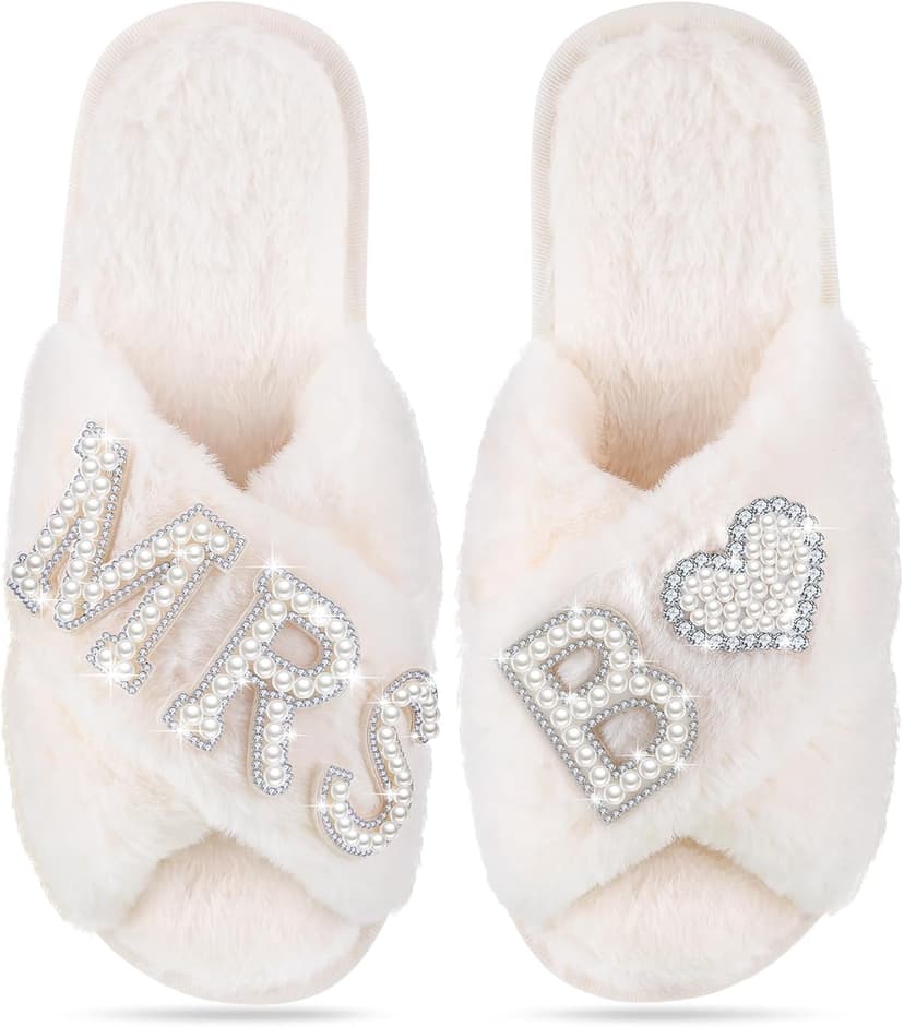 Tarpop Bride Slippers Mrs Slipper for Wedding with Personalized Initial Pearl Design Bridal Gifts