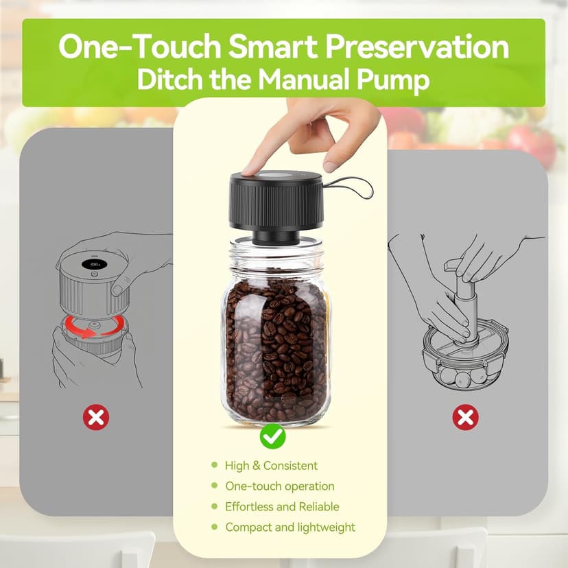 Upgraded 3-in-1 Electric Mason Jar Vacuum Sealer Kit for Mason Jars, Food Savers & Containers | Food Preservation System for Kitchen | Ideal for Canning Jams, Pickles, Dry Foods, Grains & Leftovers