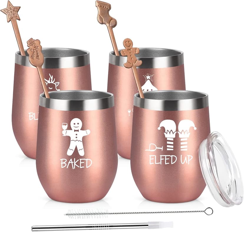 Qtencas Christmas Funny Wine Tumbler Set, 12 Oz Stainless Steel Wine Tumbler with Spoon for Women Friends Sisters Men, Gift Idea for Christmas Xmas Wedding Party, 4 Pack, Rose Gold