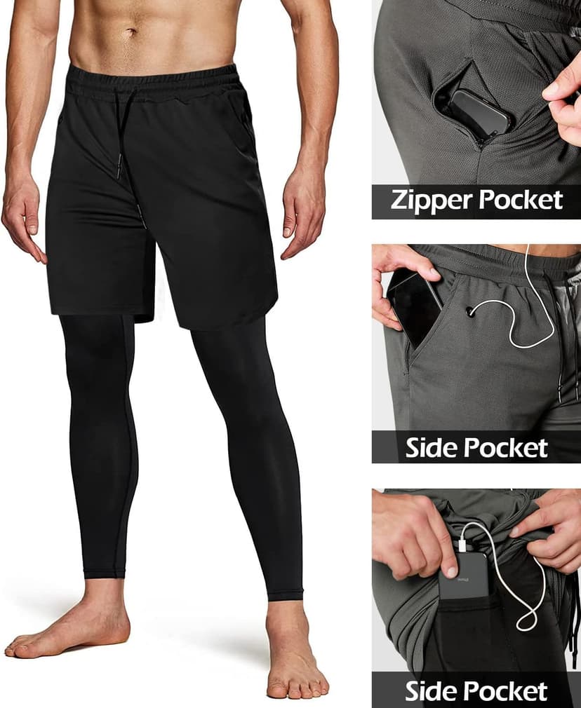 Aolesy Men's 2 in 1 Running Pants, Gym Workout Compression Pants for Men Training Athletic