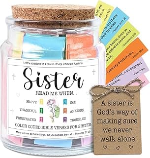 NewEleven Sister Birthday Gifts - Gift For Sister, Soul Sis, Sisters In Law - Sisters Gifts From Sister, Brother, Friend, Family - Decorative Glass Scripture Jar With 92 Bible Verse
