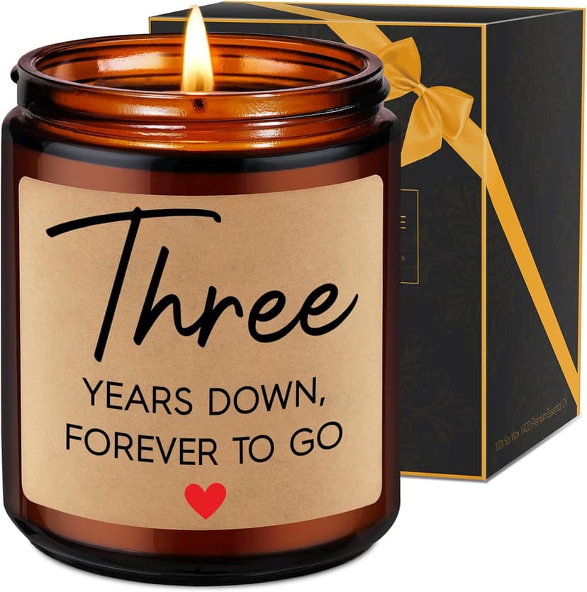 Fairy's Gift 3 Year Anniversary Candle Gifts for Him Her Wife Boyfriend GF Husband - Leather 3rd Anniversary Couple Gifts Ideas - 3rd Year Wedding Anniv. Presents for Couples, Happy Third Anniv.